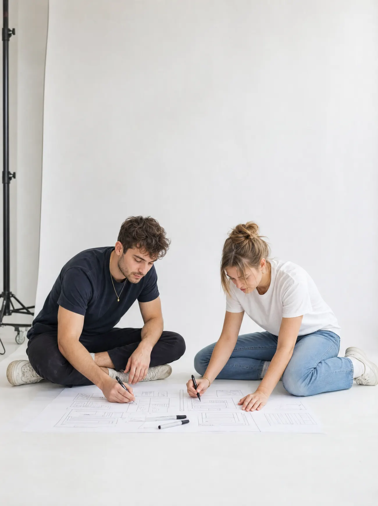 Two studio creatives sitting on the floor of a white studio, sketching layouts on large sheets of paper.